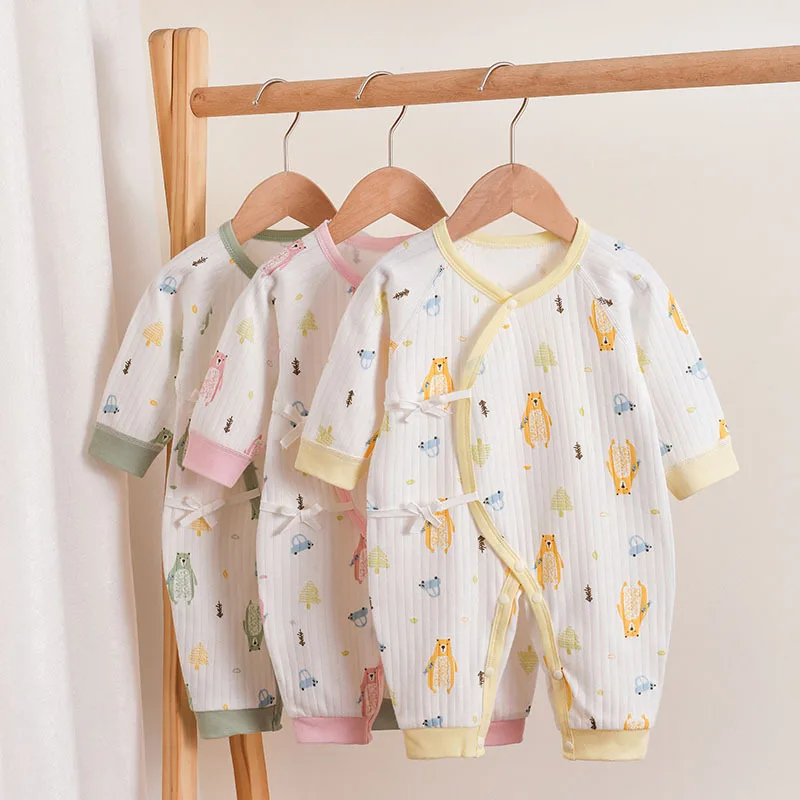 Newborn Pure Cotton Boneless Baby Romper with Diagonal Placket and Tie Up Four Seasons Baby Jumpsuit Cute Baby Crawling Suit