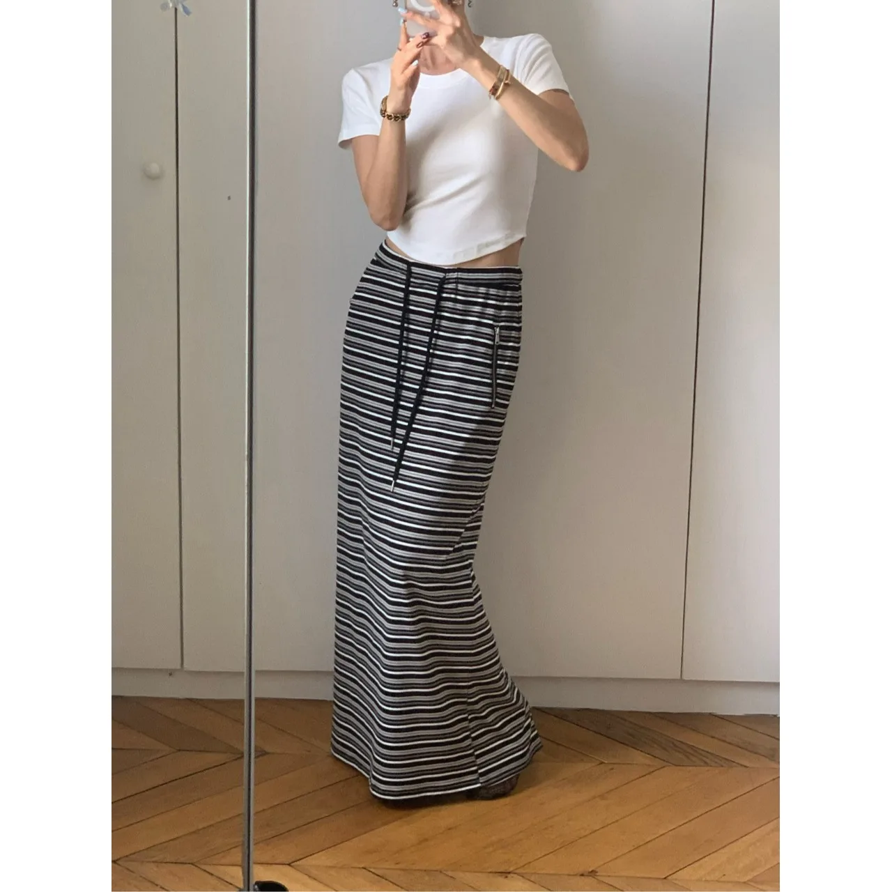 Retro Striped High Waist Drawstring Casual Long Skirt Women's Elegant Slim Straight Cut Midi Skirt Other Other Other