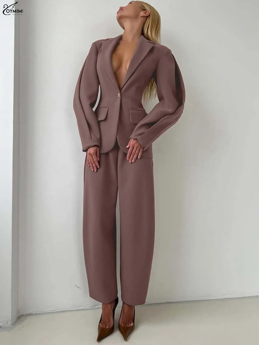 

Oymimi Elegant Red Brown Two Piece Set Woman Fashion Lapel Long Sleeve Single Button Pockets Shirts And Straight Trousers Sets