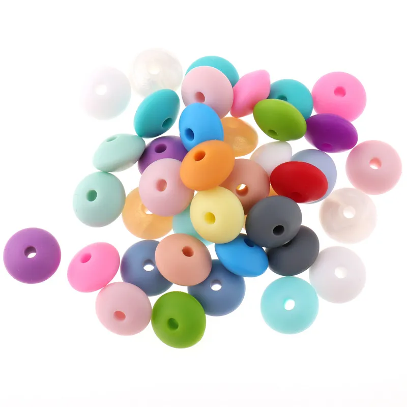 100pcs 12mm*7mm Lentils Silicone Beads Teether Flat Newborn Baby Teething Bracelets Necklace Food Grade Baby Shower Toys