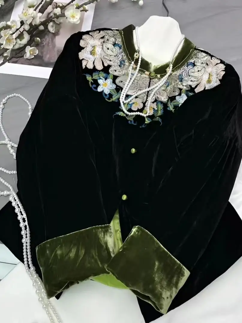 Outono Inverno Novo Chinês Sle Pesado Bordado Ouro Veludo Algodão Jaet Feminino Faionable Mom Vintage Top Tubo Reto...