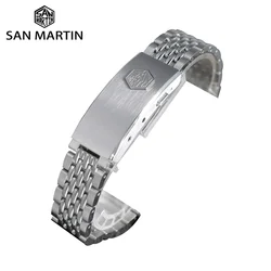 San Martin Watch Band Beads Of Rice Style Bracelet Stainless Steel Flat Ends With Fly Adjustable Clasp For 20mm Universal Strap