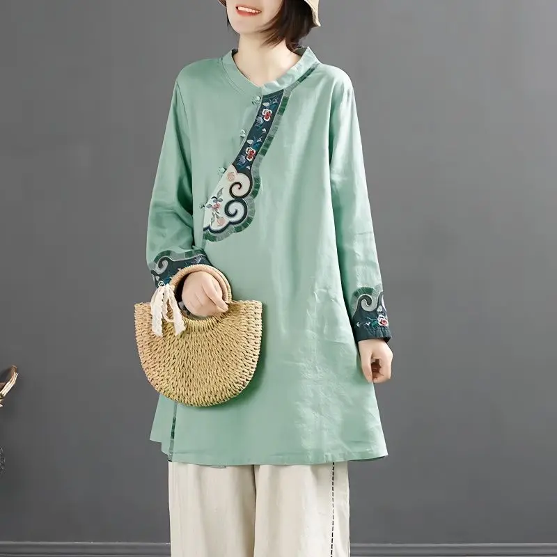 Literary Retro Chinese Style Cotton and Linen Disc Button Embroidered Shir Loose Stand Collar Mid-length Chinese Style Top