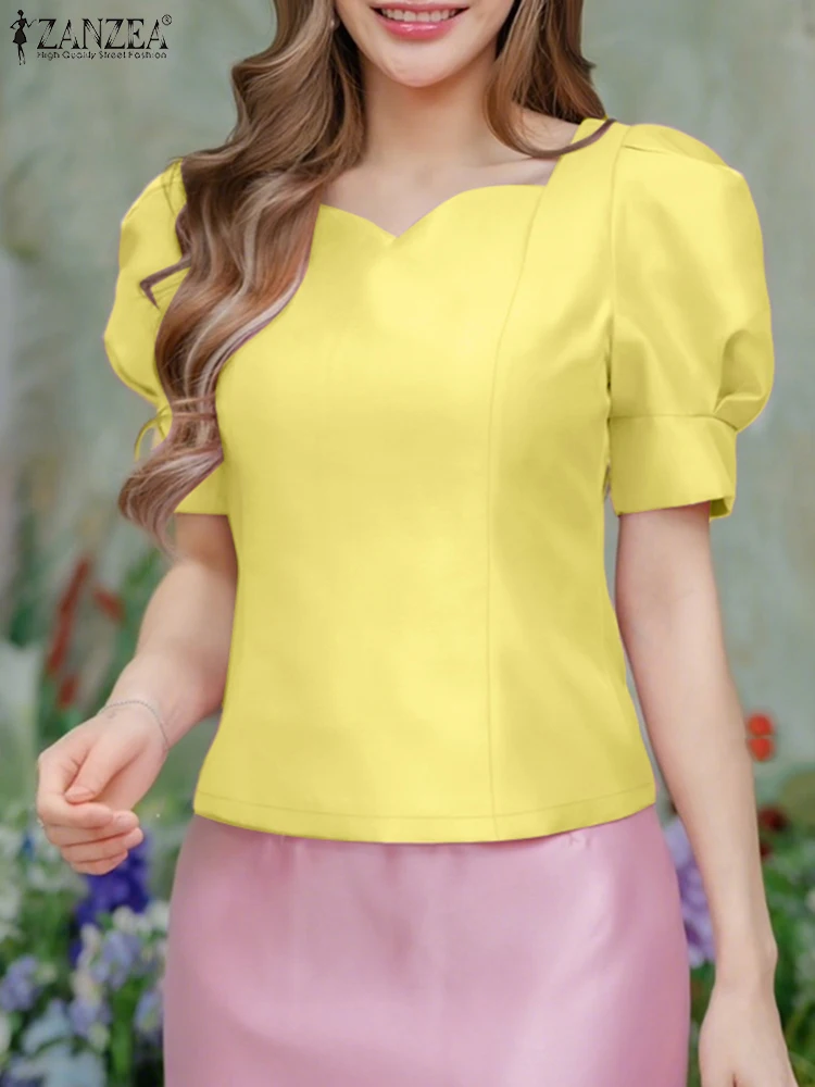 ZANZEA Elegant Woman Shiny Satin Blouses Fashion Square Neck Short Puff Sleeve Blusas Mujer Summer 2025 Classy Solid Short Tops