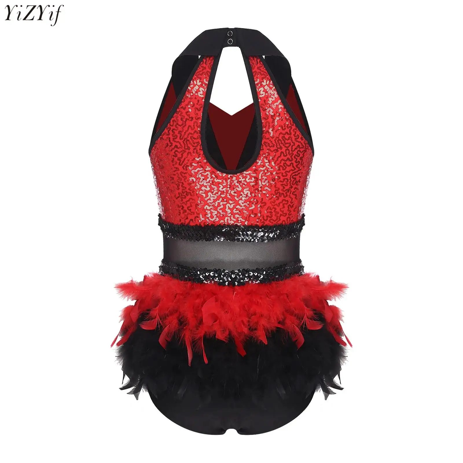 

Женский джазовый комбинезон с юбкой и перьями, блестки, костюм для латинских танцев ча-ча, Холтер с открытой спиной, румба, танго, купальник с кисточками, танцевальная одежда