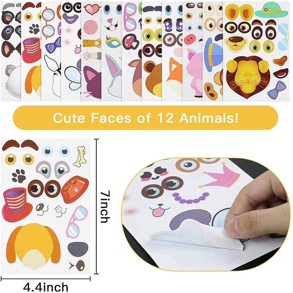 6/12/24Sheets Children DIY Puzzle Sticker Games 12 Animals Face Funny Assemble Jigsaw Stickers Kids Educational Toys Boys Girls