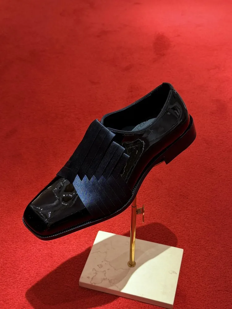 Fashion Mens Square Toe Black Split Cowhide Spliced Dress Shoes Work Male Business Formal Shoes Wedding Groom Footwear Vintage