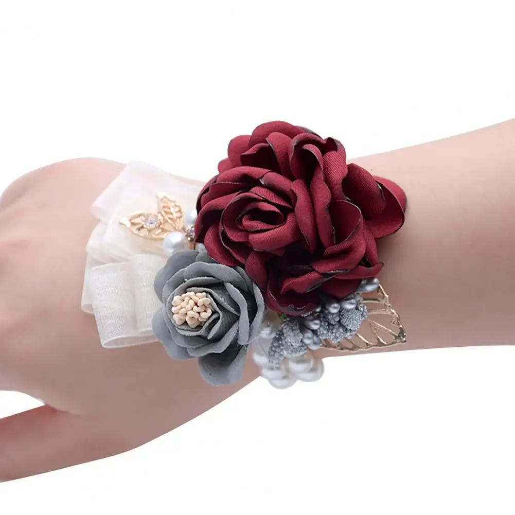 Bridesmaid Faux Rose Bracelet Wrist Flower Fade-resistant Exquisite Alloy Artificial Rose Bridesmaid Corsage Wedding Supplies