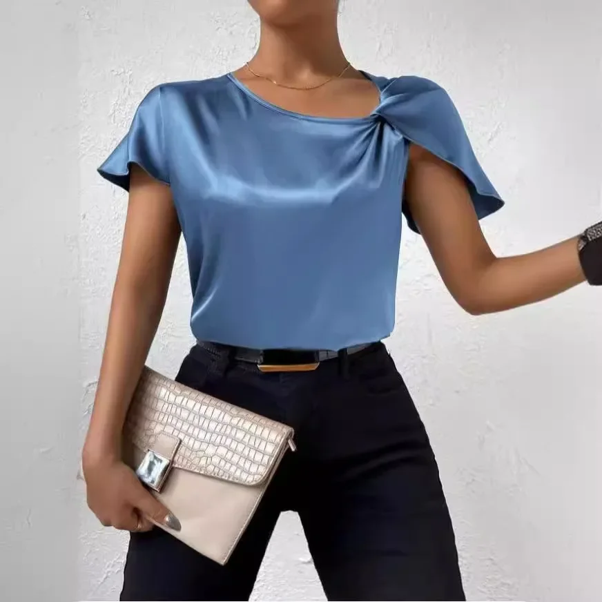 2026 Summer Ladies New Satin Short Sleeve Satin Twist Solid Color Loose Versatile Tops for Women