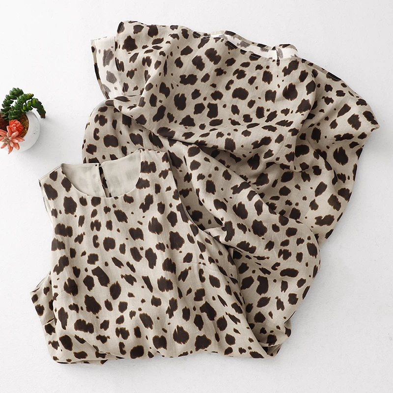 Neue Mode Leopard Print Ärmellose Weste Kleid Für Frauen Sommer Oansatz Lose Urlaub Lange Kleid Casual Büro Dame Kleid