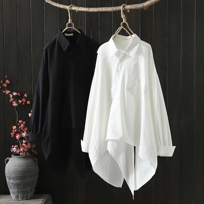 

Women Shirt Solid Spliced Blouses Mid Length Pocket Long Sleeves Turn Down Collar Single Breasted Loose Fit Casual 2026 Spring