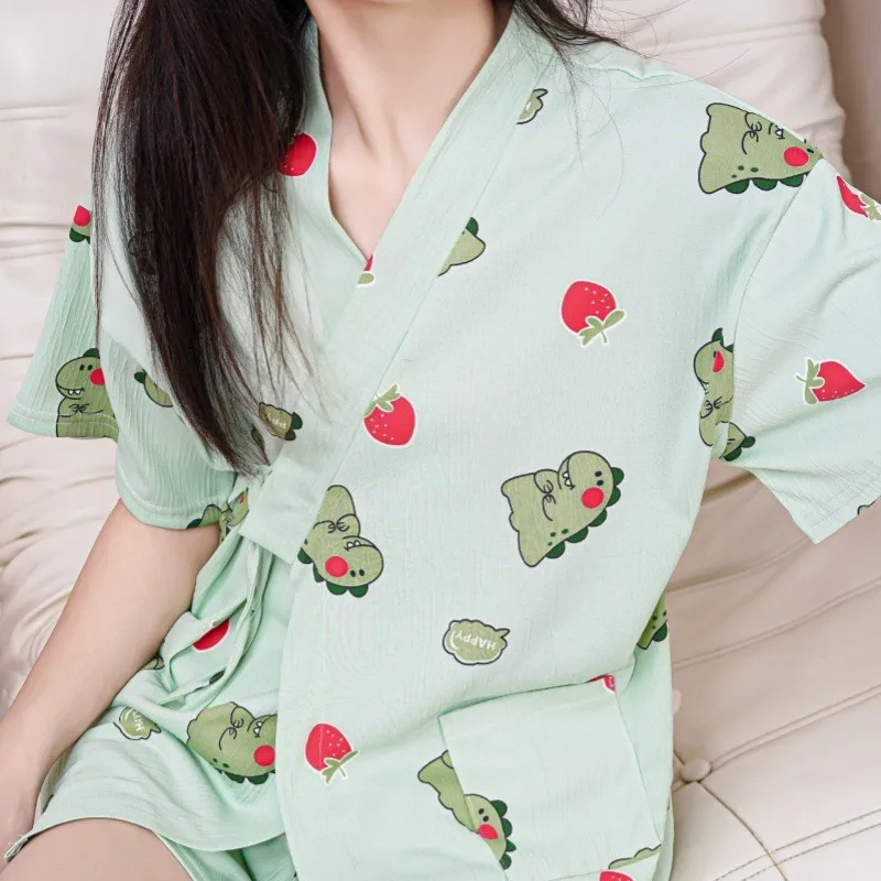 New Womens Nightwear Loungewear Kimono Pajamas Student Short Sleeves Shorts Peach Print Tops and Pants Set Sleepwear Comfortable
