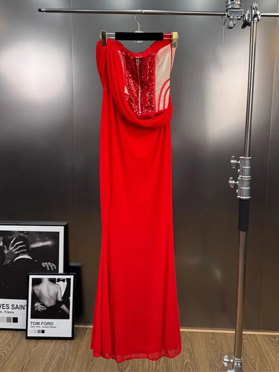 VGH Sexy Slimming Solid Dinner Dresses For Women Square Collar Sleeveless High Waist Elegant Folds Long Dress Female Fashion New