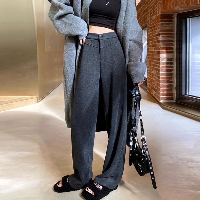 

Осень-зима женские корейские шикарные уличные брюки Y2K толстые широкие брюки женские с высокой талией однотонные прямые шерстяные брюки Pantalones