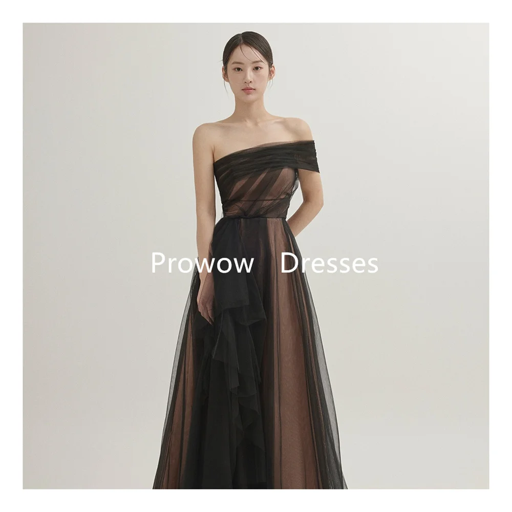 Prowow مخصص بسيط أسود الشاطئ كوريا سيدة فساتين لحضور الحفلات الموسيقية تول كتف واحد طول الأرض فستان سهرة رسمي بيكشايسز بارتيديندريس