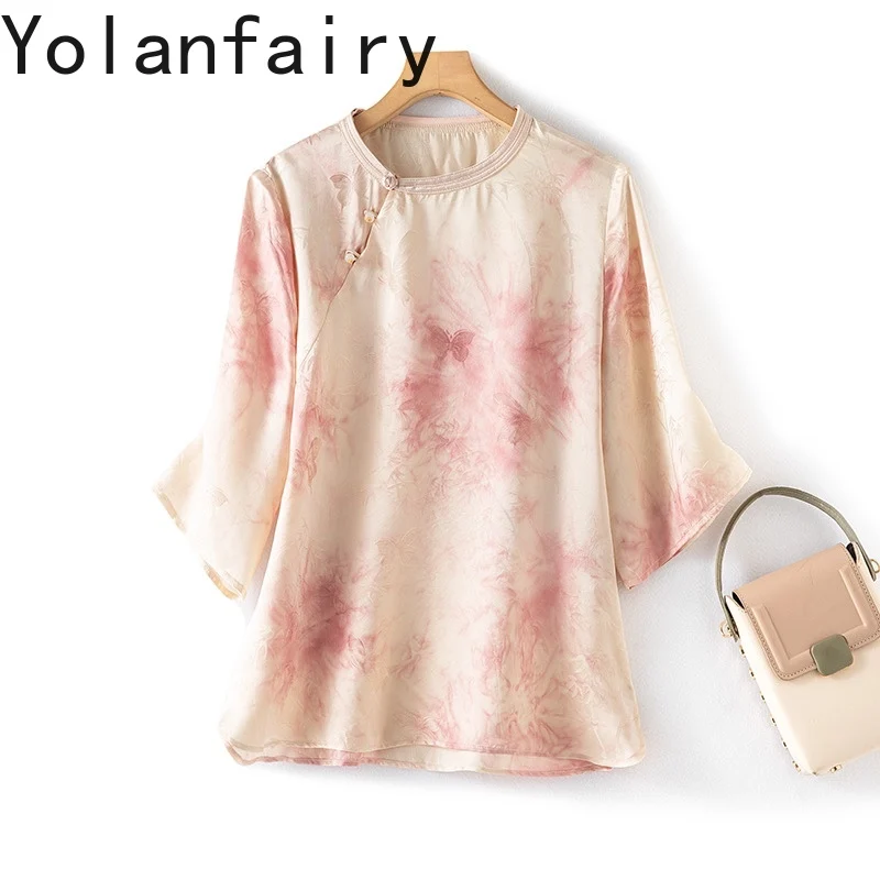 

YOLANFAIRY 100% Mulberry Silk Shirts for Woman 2025 Summer Top Elegant Tie-dyed Women Shirts Lady Tops and Blouses shirts dames