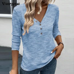 Elegant Blue Shirt Woman Autumn Casual Long Sleeve Blouses Women V Neck Button Design Loose Tops Women Pulovers