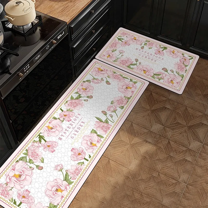 

Rugs for Kitchen Floor Mat Pvc Leather Waterproof Non-slip Long Rug Anti-fatigue Foot Mats Pink Flower Home Decor Vinyl Carpet