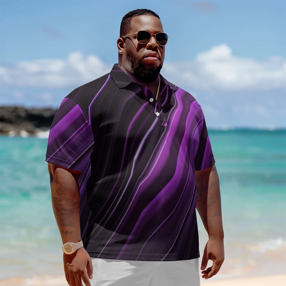 

1 men's plus size polo shirt with summer purple diagonal print casual lapel button suitable for shopping and golf