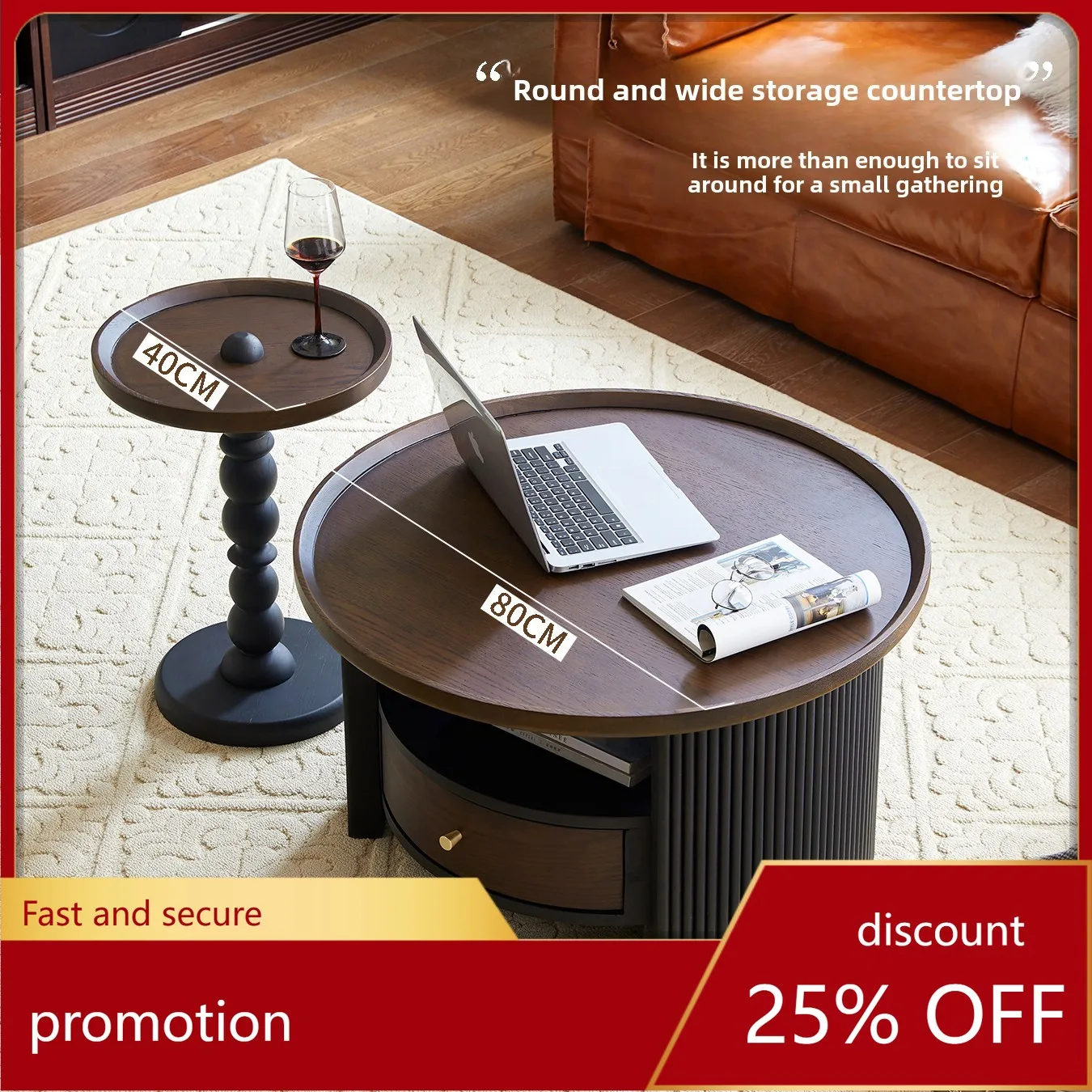 

HT retro solid wood round coffee table combination living room coffee table small apartment household small tea table