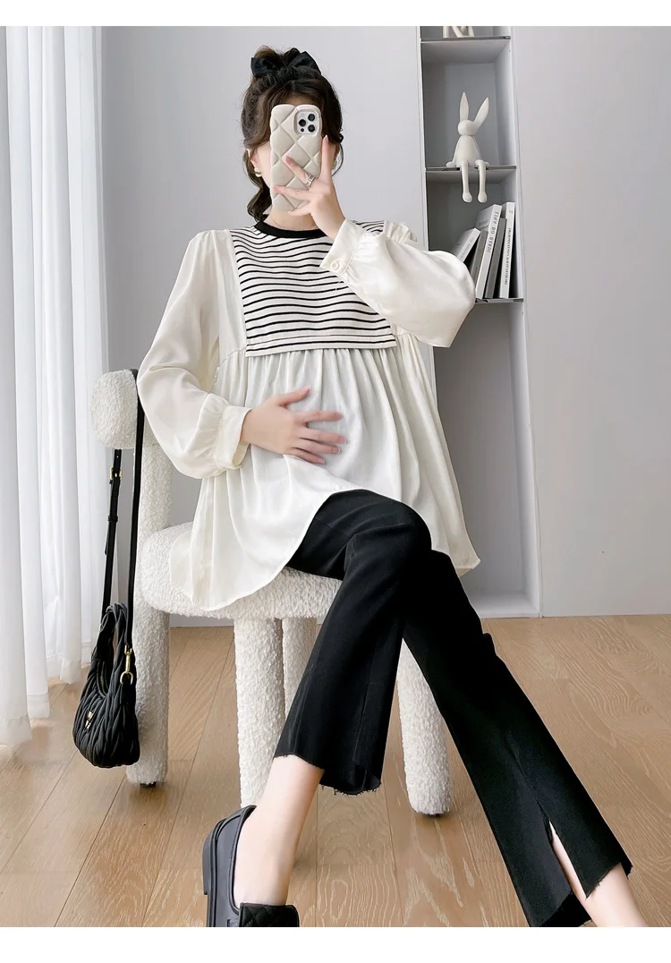 

2024 Spring Autumn Maternity Shirts Striped Patchwork Long Loose Pregnant Women Top Plus Size Pregnancy Top Casual Tees Shirts