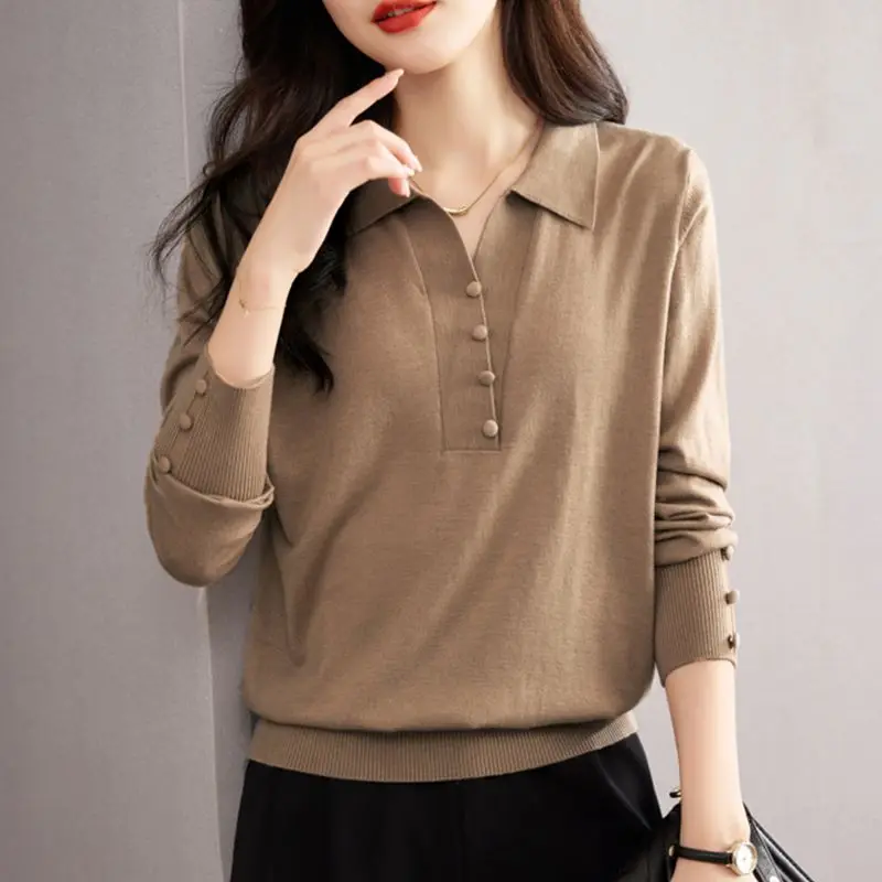 2023 Autumn Winter New Solid Color Fashion POLO Collar Long Sleeve Knitting Pullovers Women Button Vintage Elegant All-match Top