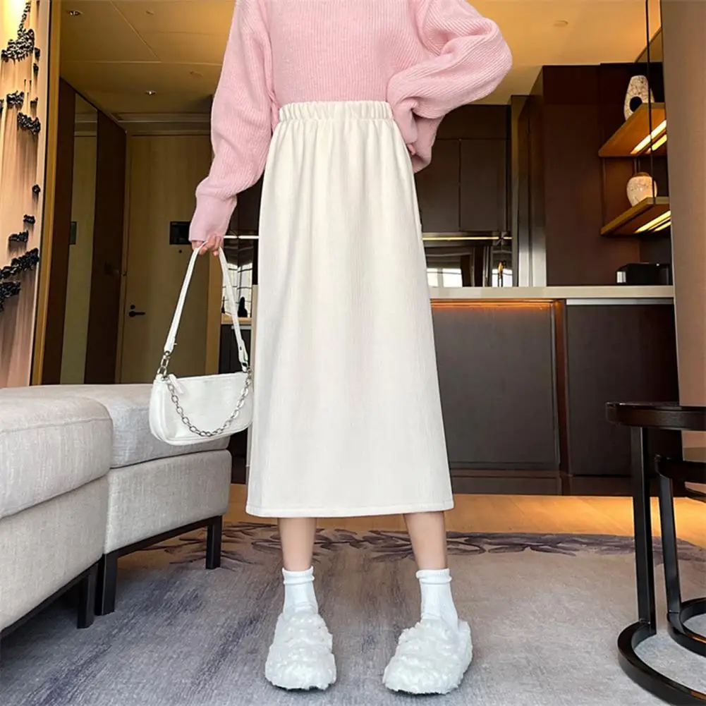 

High-waisted Skirt Commuting Style Skirt Thick Warm Solid Color A-line Midi Skirt for Women with Elastic High Waist for Fall