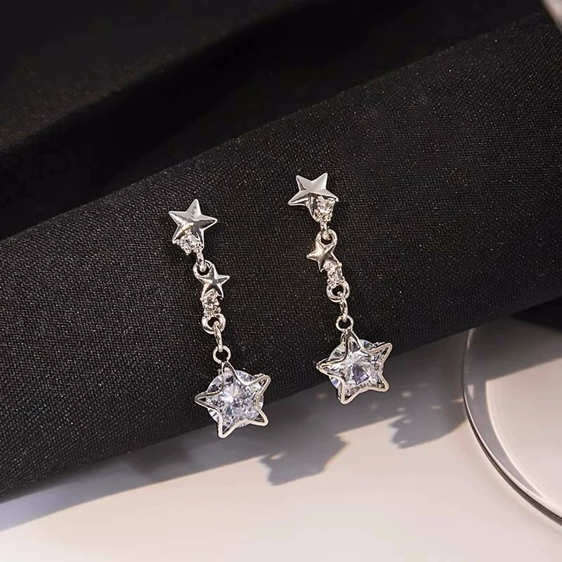 Light Luxury Exquisite Pentagram Zircon Tassel Pendant Earrings for Women Niche Simple Fashion Trendy Party Gift Y2K Jewelry