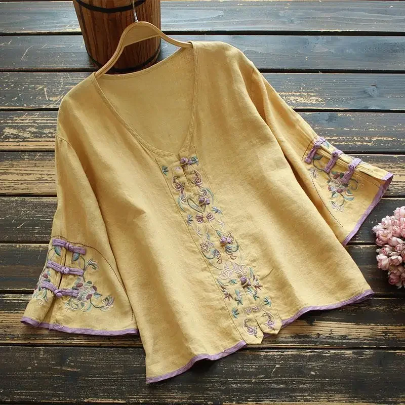 Summer Chinese Style Clothing Women Clothes Cheongsam Top Chinese Traditional Shirt Blouse Cotton Linen  Hanfu Ladies CY210