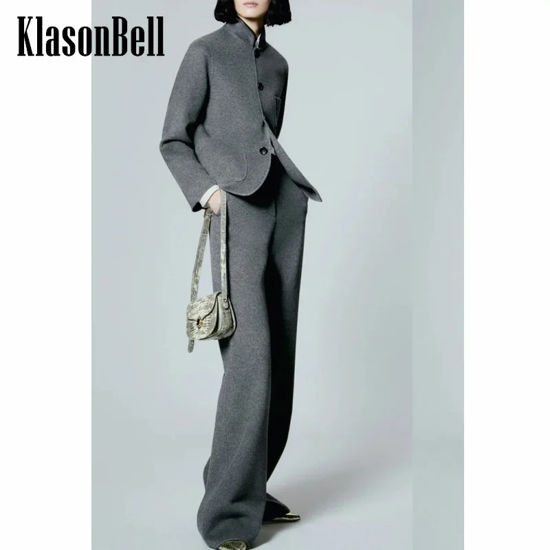 8.22 KlasonBell Women Temperament Cashmere Knit 2 Piece Set Three Pocket Single Breasted Cardigan + Lace-up Straight Pants