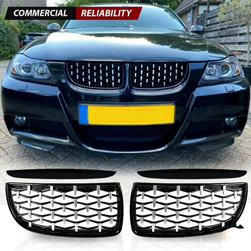 4X Gloss Black&Chrome Diamond Meteor Latest Style Grille For -BMW 3 Series E90 E91 325I 328I 335I Pre-LCI 2005-2008