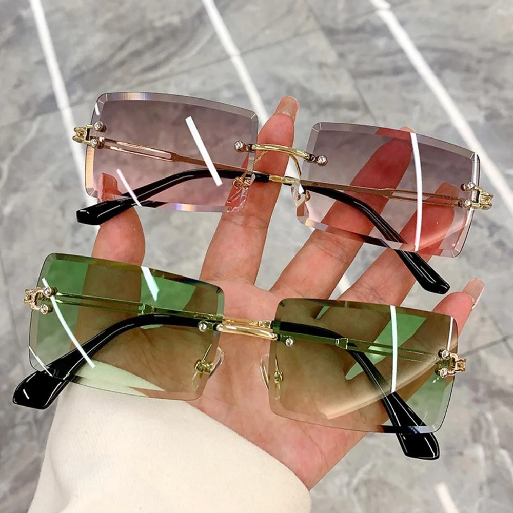 

Woman Rimless Rectangle Sunglasses Vintage Brand Designer Pink Gradient Sun Glasses Female Cutting Lens Square Eyeglasses 2024