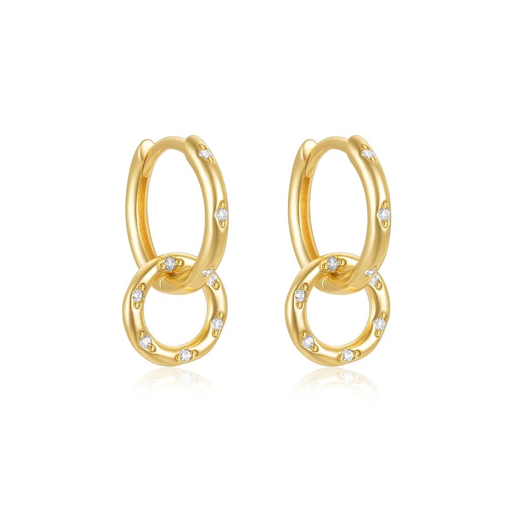 Carline Sterling Silver 925 Earrings Two Circle Gold Plated Zircon Charm Hoop Earrings Minimalist Jewelry for Women