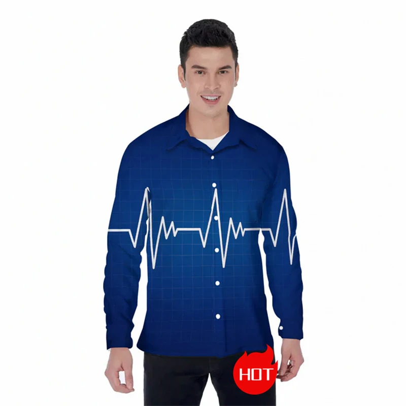 

Cardiogram Graphic Long Sleeve Shirts For Men Clothes Spring And Autumn Heartbeat 3D Print Button Clothing Funny Male Streetwear