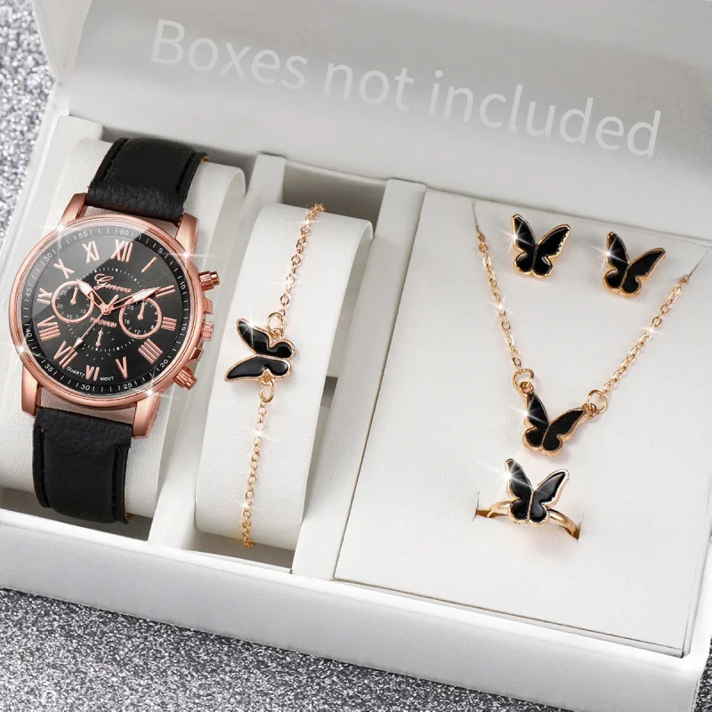 Popular Ms Quartz Watch Butterfly Necklace Earrings Bracelet Ring Elegant Jewelry Set Wristwatch (Without Box) Daily Party Wear