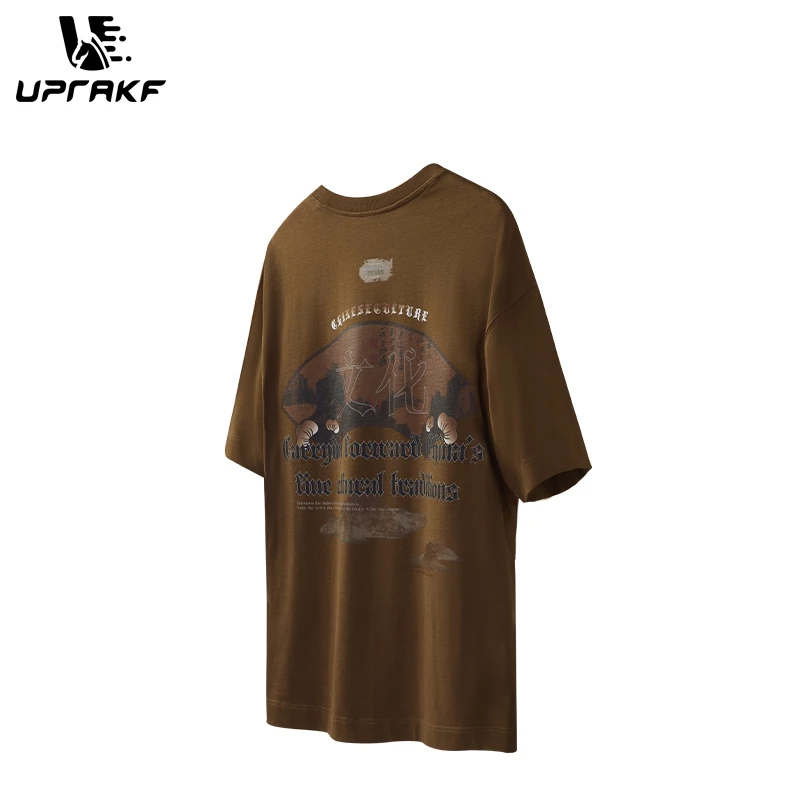 UPRAKF Men Streetwear Dedicated Print Y2K Oversized T-shirt Culture Letter Short Sleeve O Neck Tops Graphic Hip Hop Pure Cotton