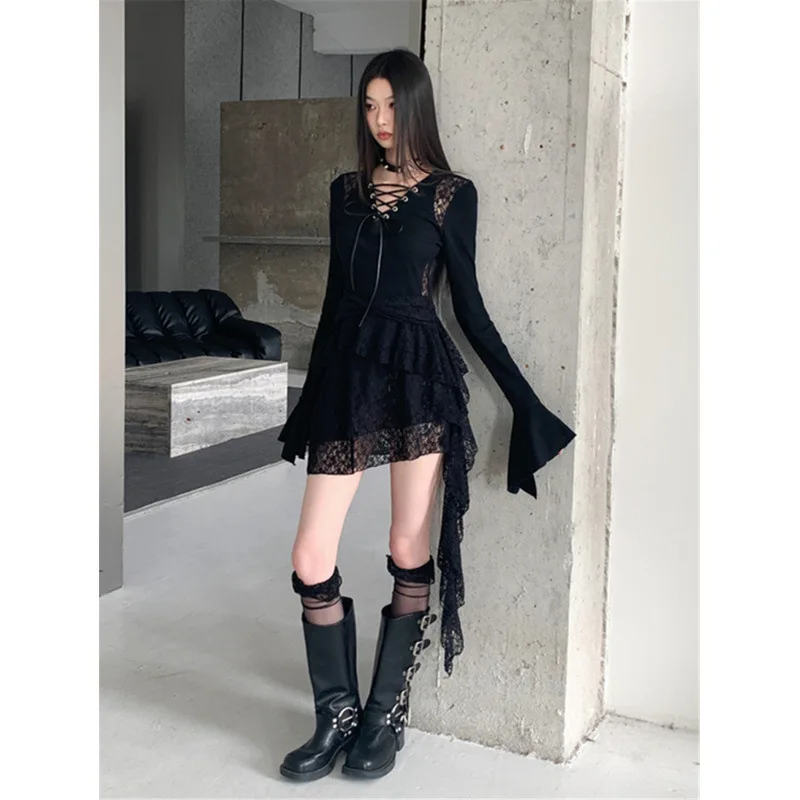Minivestido de noche negro con paneles de encaje de punto Irregular Vintage, vestido gótico Punk con cuello en V, mangas con volantes, corte en A