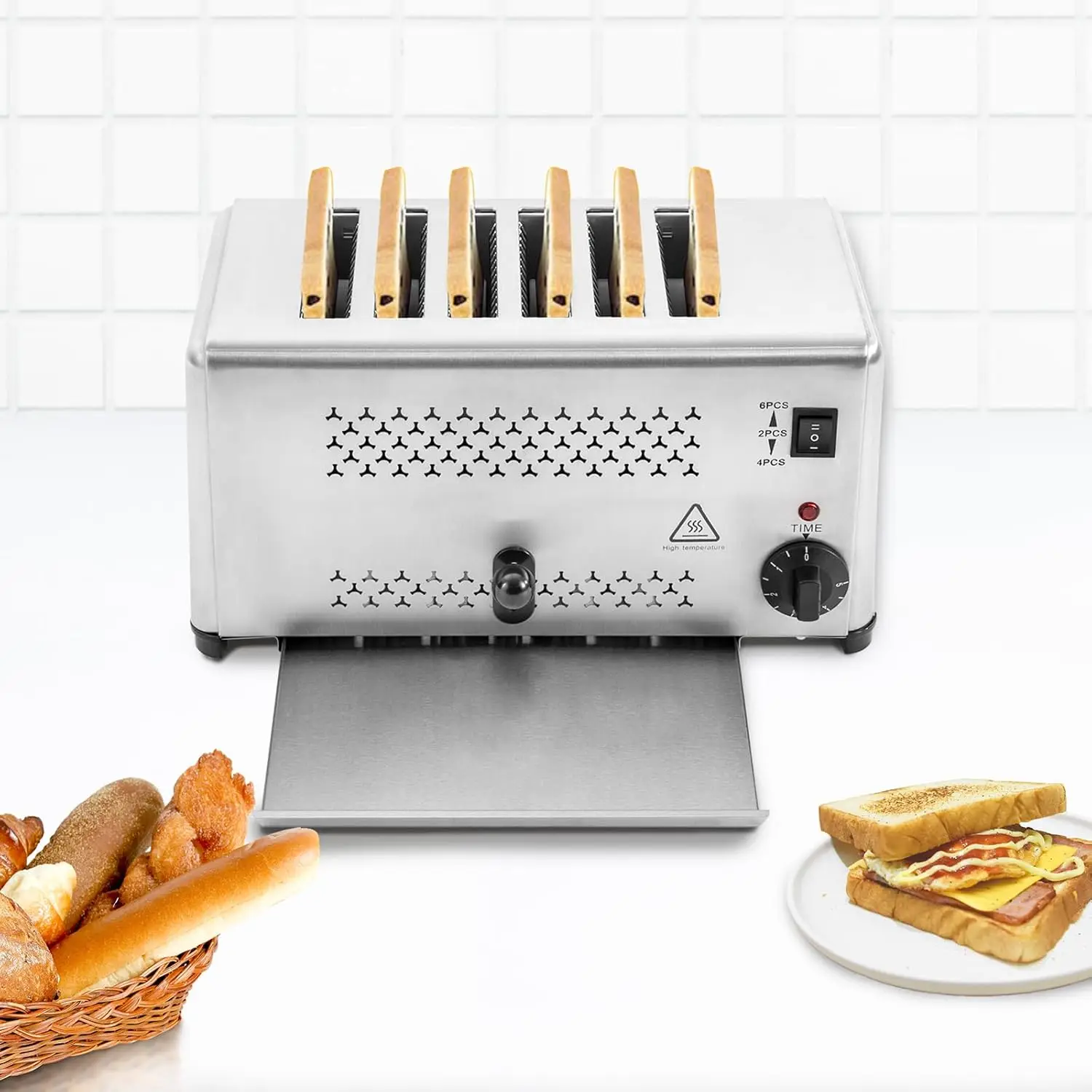 Tostadora de 6 rebanadas, tostadora comercial de 110V 1650W, máquina para hornear pan de acero inoxidable para restaurante