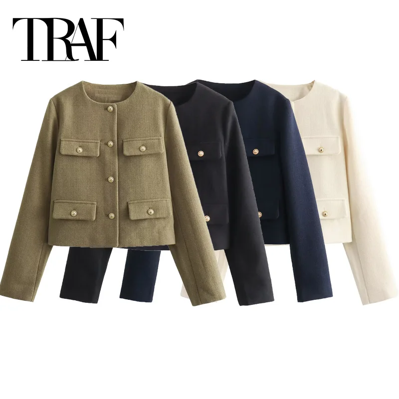 TRAF Tweed Cropped Jacket Woman Long Sleeve Vintage Jacket Woman Fashion Button Elegant Jackets For Women New In Short Coats