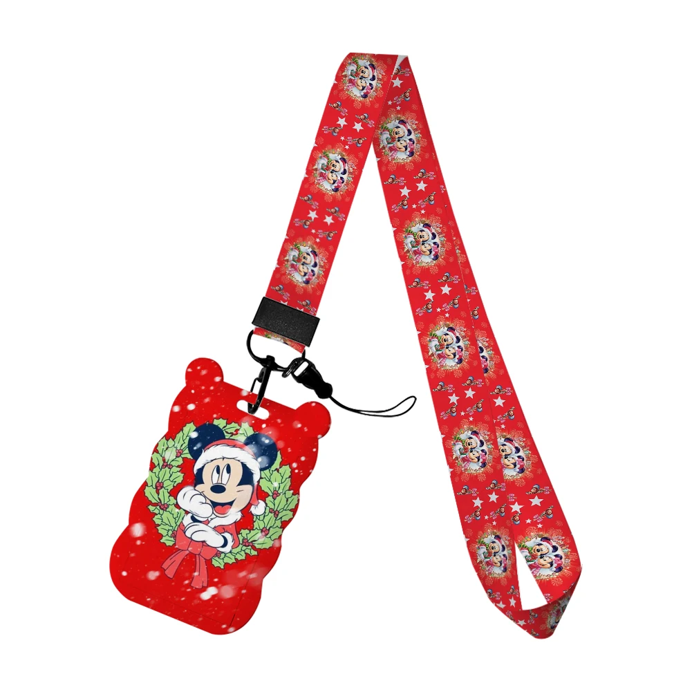 Cordón navideño de Mickey, llavero animado, bonito soporte para insignia, identificación, tarjeta de crédito, cuerda para colgar, cordón para llaves, accesorios, regalos