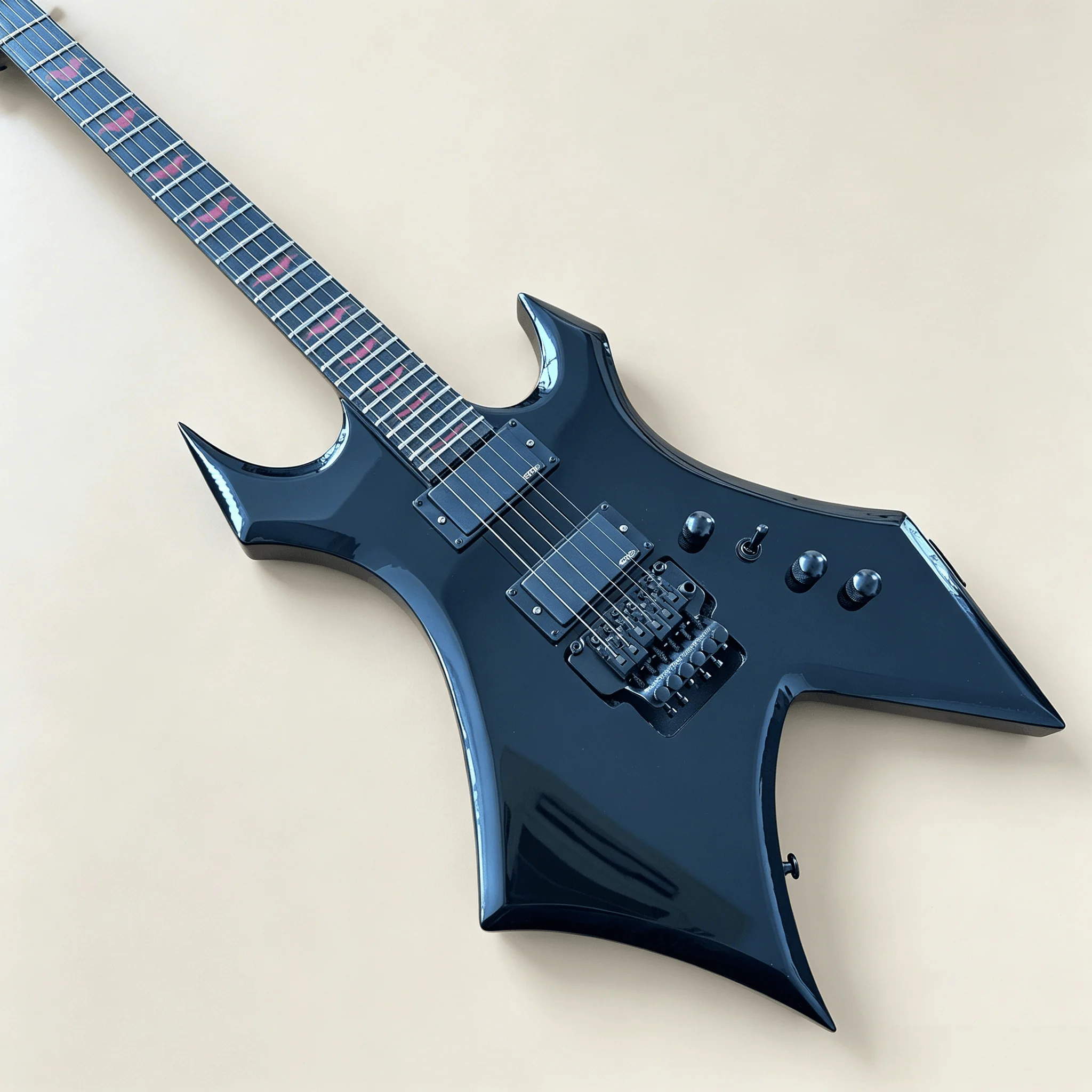 

In Stock Warlock BC Style Electric Guitar Gloss Solid Black Finish Solid Wood Body 6 String Floyd Rose Tremolo Free Shipping