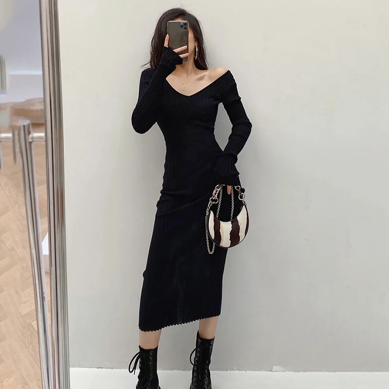 New Women Autumn Knitted Dress V Neck Sexy Slim Elastic Oversized Basic Bodycon Sweater Dress Winter knit Warm Long Dress