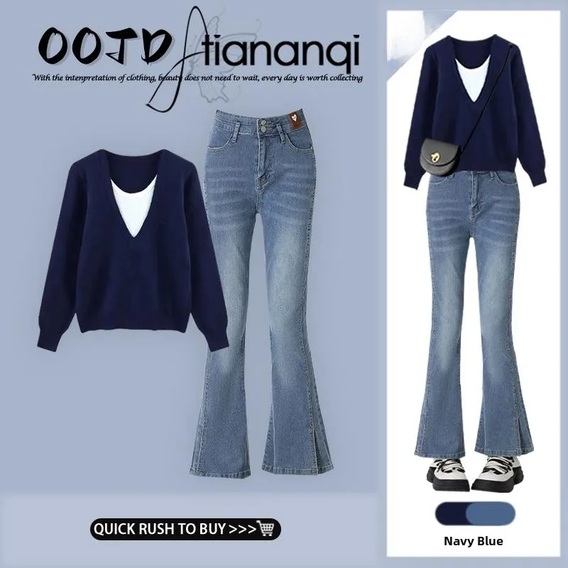 

Spring 2026 Anti-Aging Knitted Top And High Waist Wide Leg Jeans Two-Piece Set Vintage Style Long Sleeve V-Neck Casual Outfit