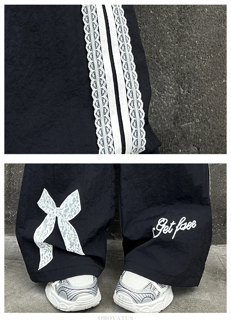 Schwarze Freizeithose für Kinder mit Spitzenschleife für Mädchen, Frühlingsmode, Spitzenhose, lockere Freizeithose mit weitem Bein, Streetwear – Detail 12