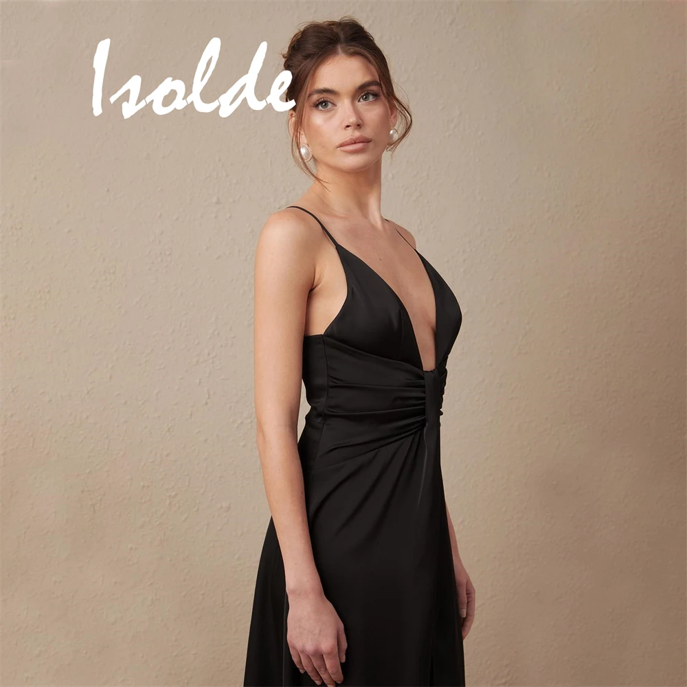 

Мягкие черные атласные вечерние платья по индивидуальному заказу. Изысканные платья для выпускного вечера без рукавов с v-образным вырезом. Очаровательные платья для особых случаев.