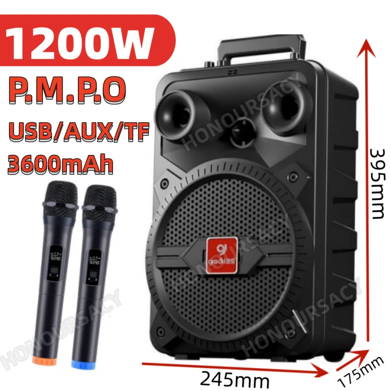 1200W P.M.P.O Bluetooth Speaker Square Dance Rod with High Volume Dual Wireless Mic Outdoor Karaoke Portable Card Insertion