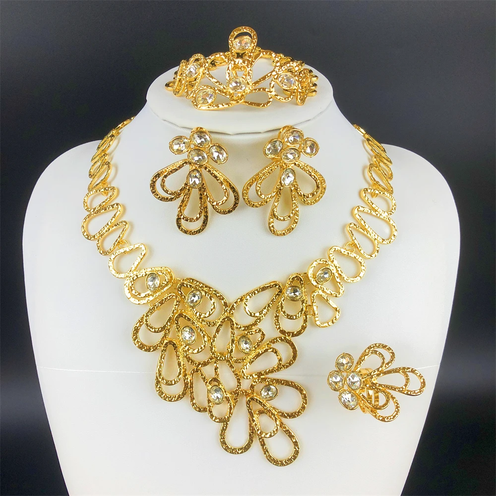 ESALE Dubai 18K Gold Plated Jewelry Set For Women Luxury Design Necklace Earrings Bracelet And Ring Wedding Party Accessories