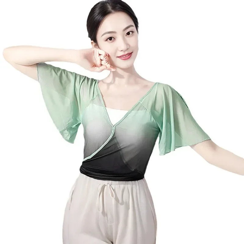 Classical dance new top practice clothes women's gradual change gauze clothes Chinese dance short sleeves straps adult art