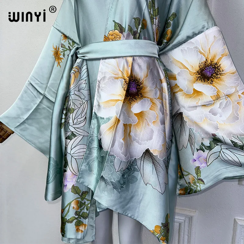 2024 WINYI Europe kimono with belt Cardigan kaftan Cocktail sexy Boho cover up beach women Africa Holiday Robe beach outfits