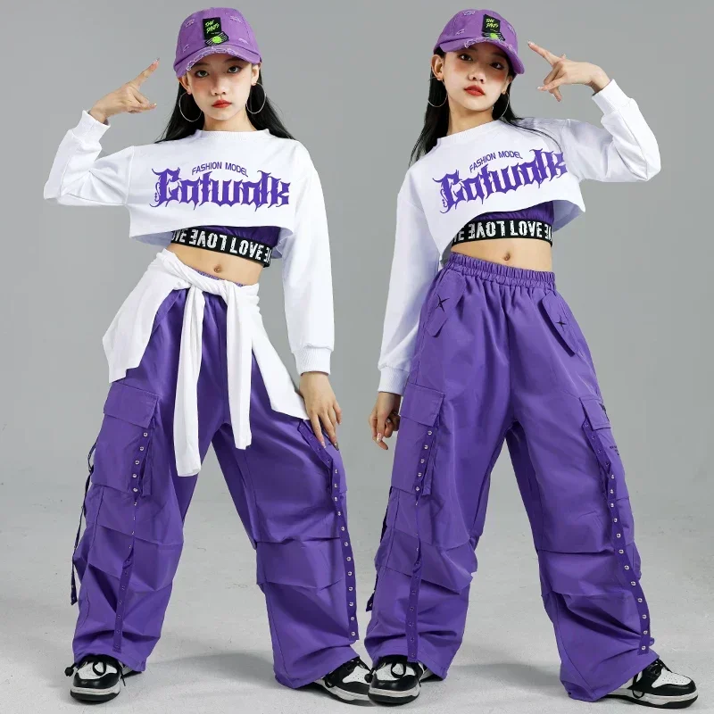 Tenues de danse de rue pour enfants, Streetwear pour enfants, ensembles de vêtements de Jazz de groupe, Hip Hop pour filles, mode K-pop, haut court, pantalon Cargo violet